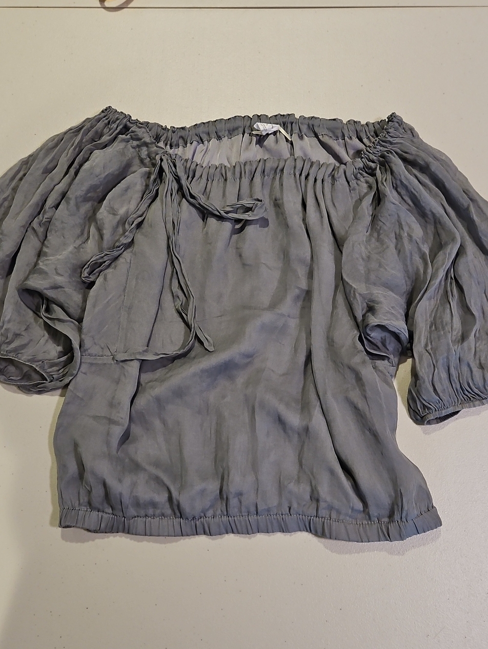 Gathered Silk Crepe Tie-Front Blouse in Light Gray 0228